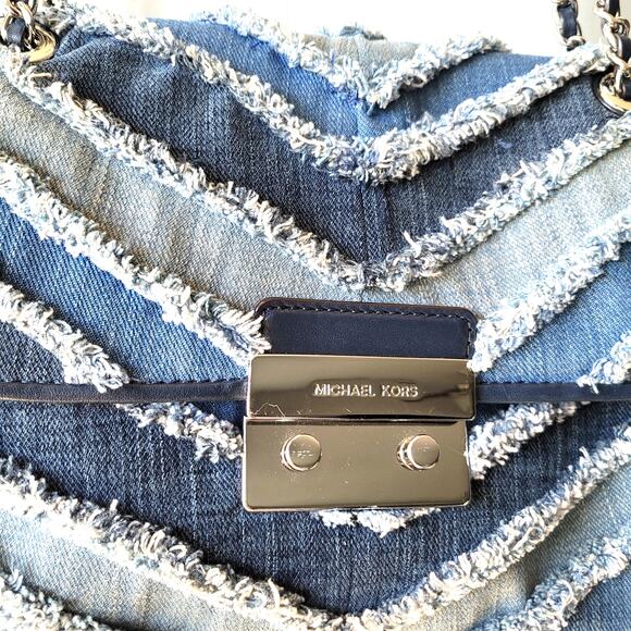 Michael Kors Sloan Denim Crossbody Shoulder Bag Blue Chevron Fringe Patchwork - Picture 5 of 16